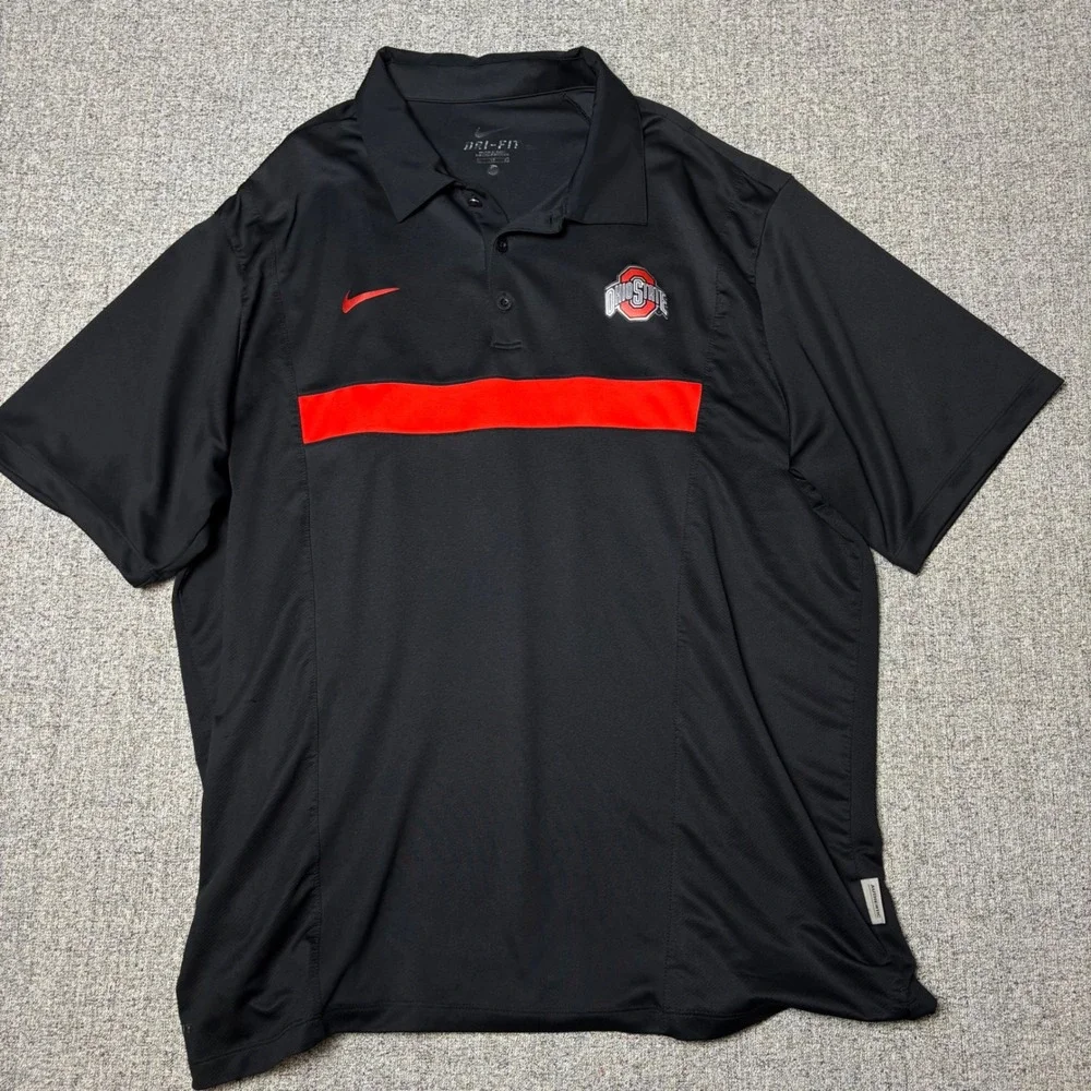 Nike Polo Shirt Mens XL Black Ohio State Buckeyes Dri-FIT Red Stripe Athletic